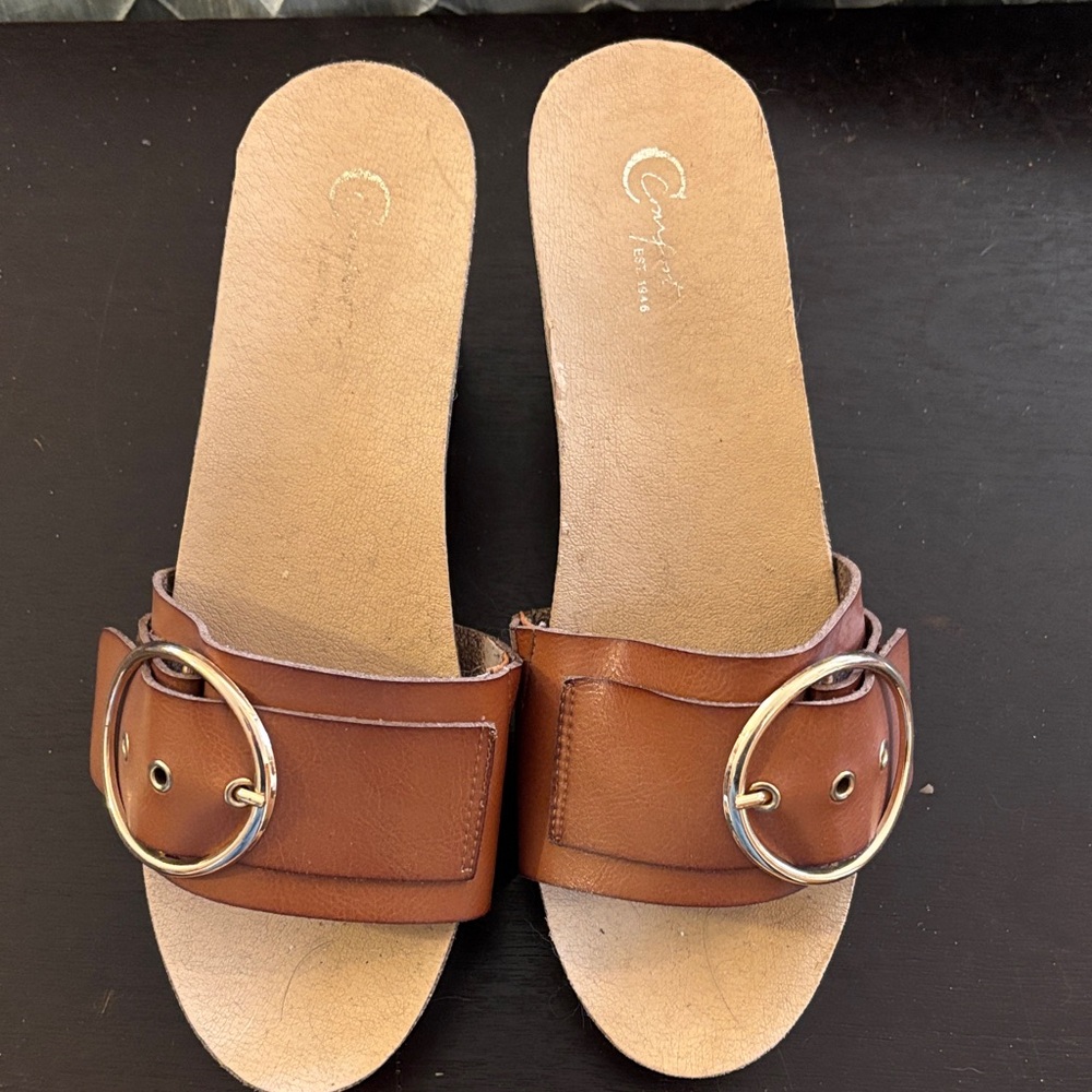 Brown Leather Slide Sandals with Gold Buckle